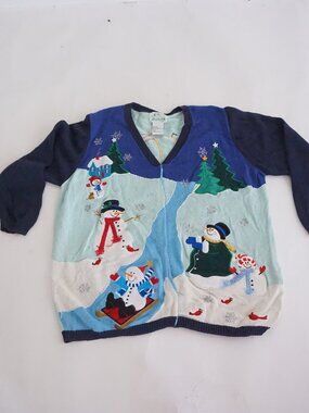Vintage Quacker Factory Blue Snowman Sledding Christmas Snowy Cardigan 1X